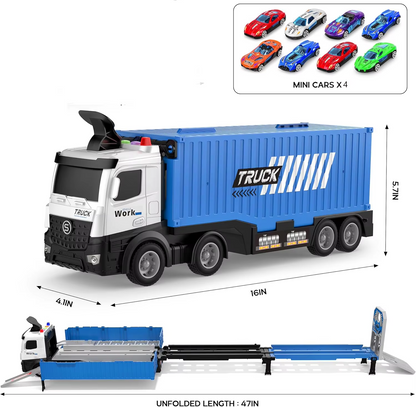  Camion Transporteur Piste de Course 3 Niveaux Pliable – Jouet Éducatif pour Enfants avec Voitures Incluses, Lumières et Sons