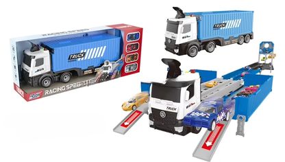  Camion Transporteur Piste de Course 3 Niveaux Pliable – Jouet Éducatif pour Enfants avec Voitures Incluses, Lumières et Sons